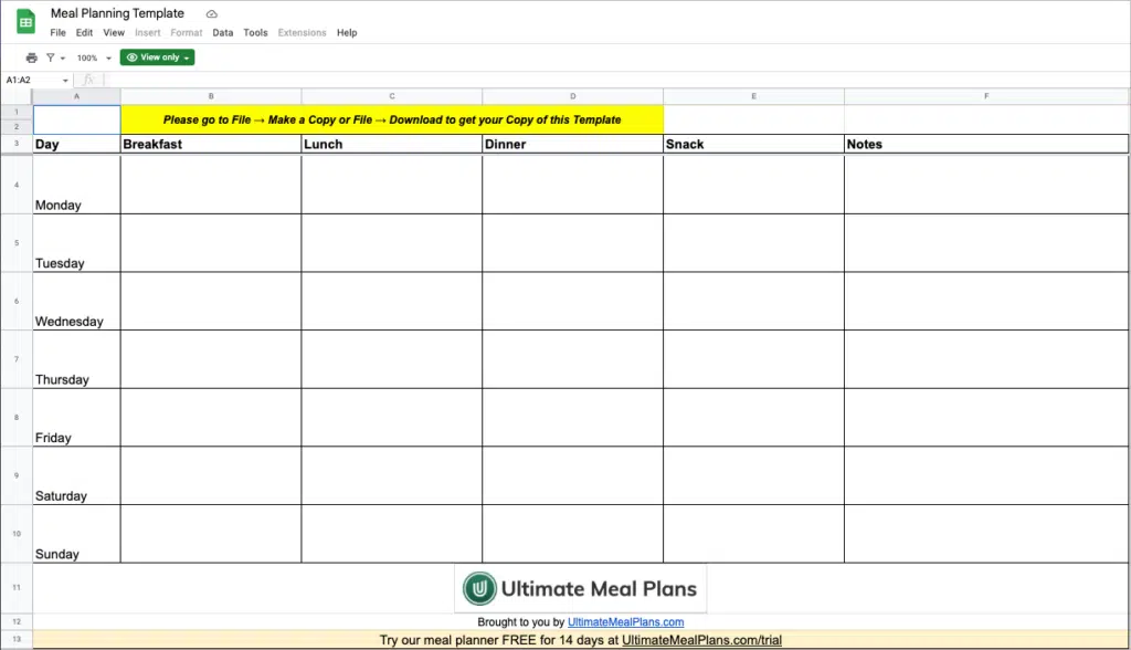 healthy diet spreadsheet